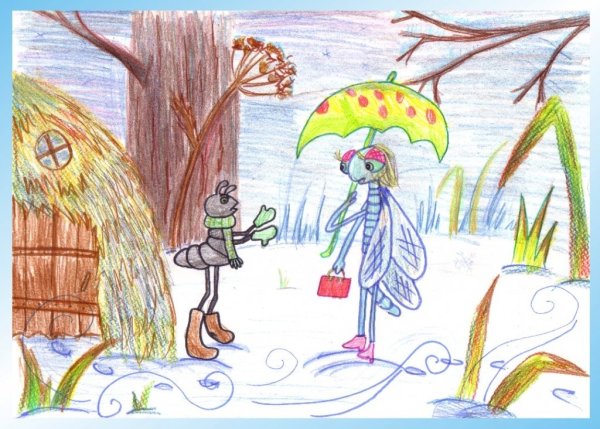 Иллюстрация к басне Крылова Стрекоза и муравей