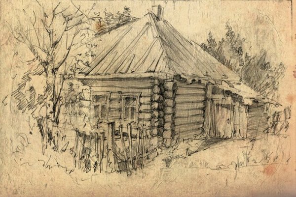 Деревенский пейзаж в графике