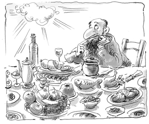 За столом карикатура