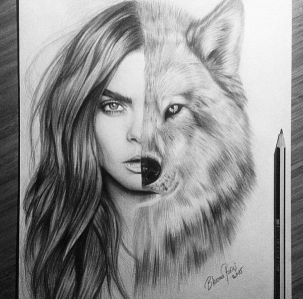 Волк и девушка рисунок карандашом