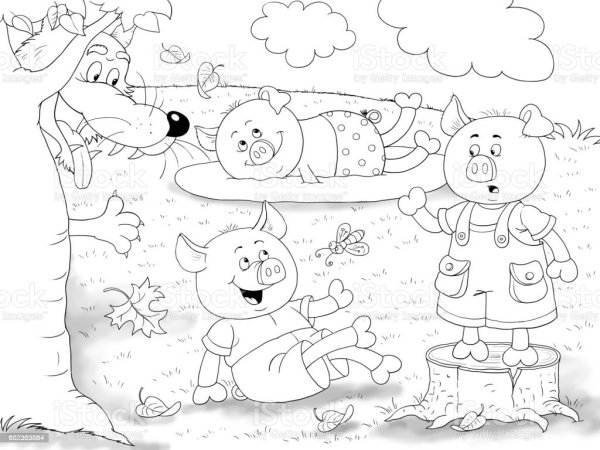 Три поросёнка сказка волк с яблоней раскраска