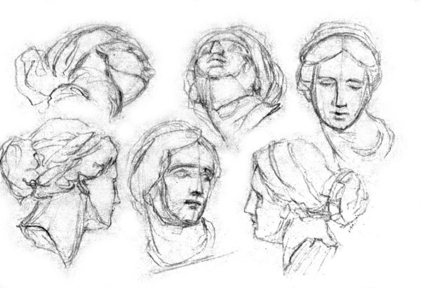 Зарисовки головы человека в разных ракурсах