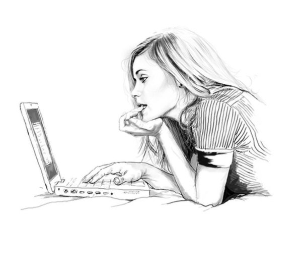 Девушка за компьютером рисунок