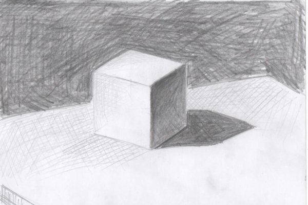 Куб простым карандашом с тенью