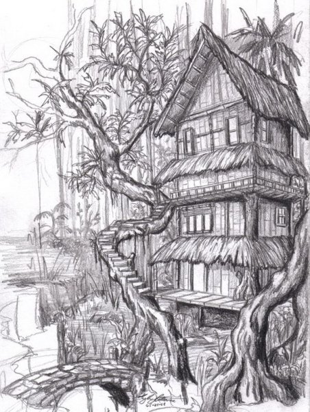 Зарисовки домиков карандашом