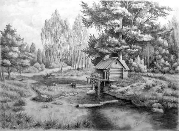 Пейзаж тушью и пером