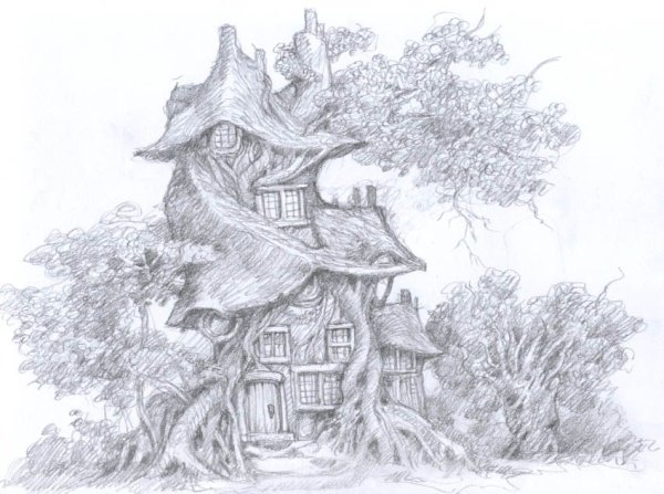 Пейзаж с домом карандашом