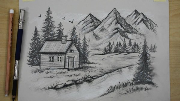 Деревянный дом карандашом