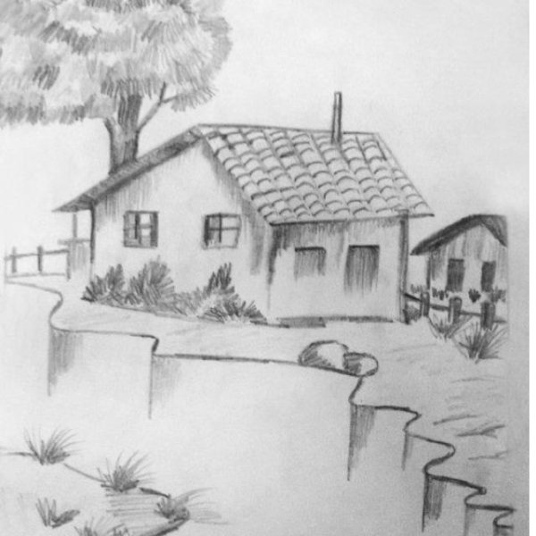 Домик в лесу рисунок карандашом