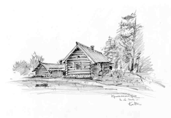Деревенский домик карандашом