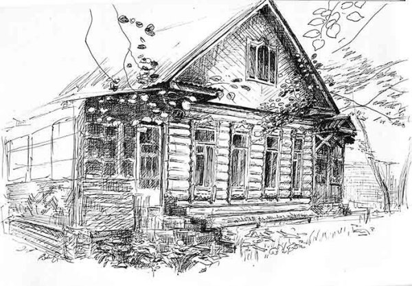 Сельский пейзаж тушью