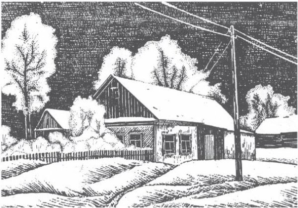 Зимний сельский пейзаж карандашом