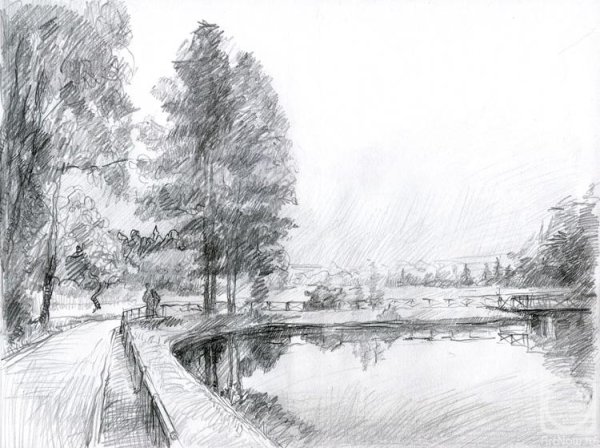 Парковый пейзаж карандашом