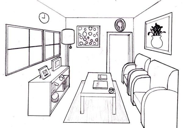 Рисование комнаты с мебелью