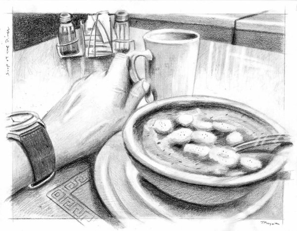 Эскиз тарелки для супа с карандашом