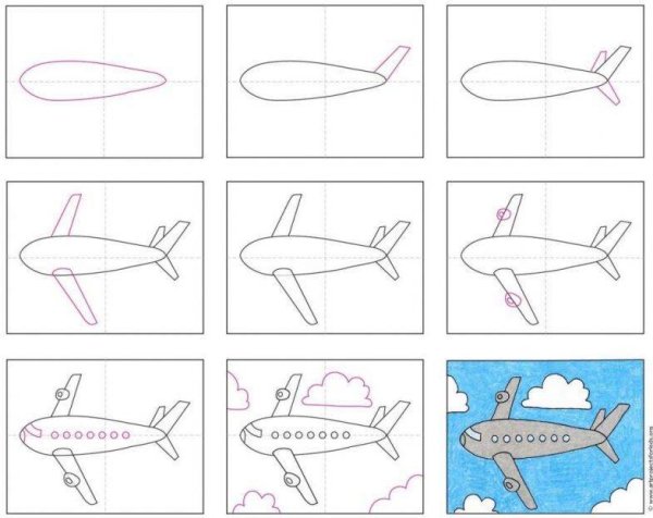 Поэтапное рисование самолета для дошкольников