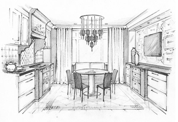 Интерьер кухни карандашом