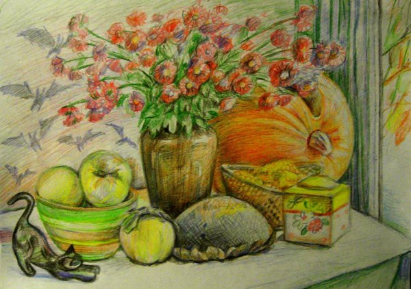 Осенний натюрморт цветными карандашами