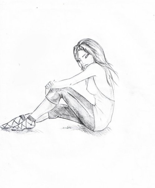 Рисунок сидящей девушки карандашом