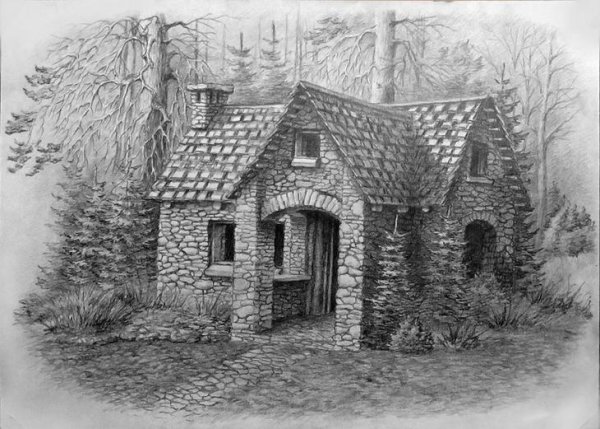 Домик в лесу карандашом