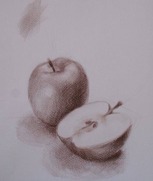 Яблоко цветными карандашами с тенью