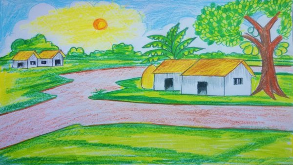 Пейзаж цветными карандашами для детей