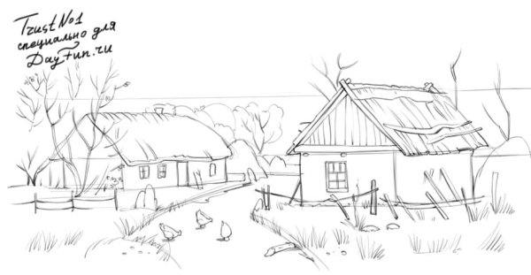 Деревенский пейзаж карандашом для начинающих