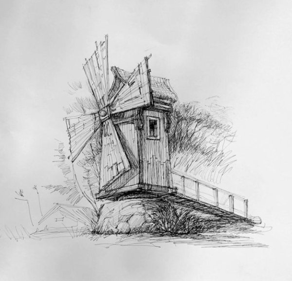 Пейзаж с архитектурой карандашом