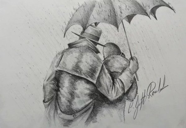 Человек под зонтом рисунок карандашом