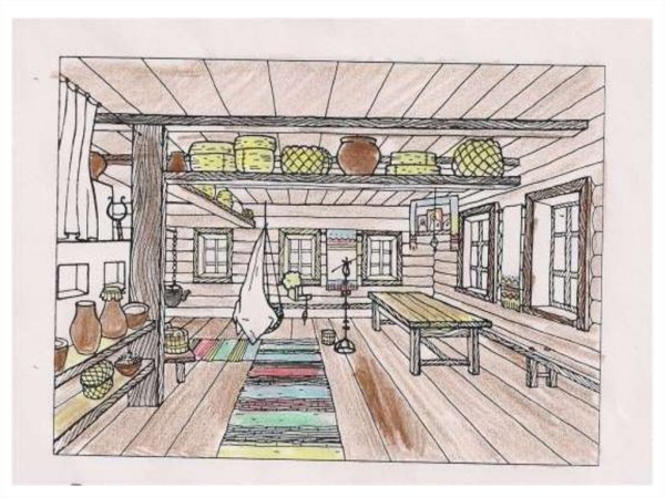 Эскиз внутреннего убранства русской избы