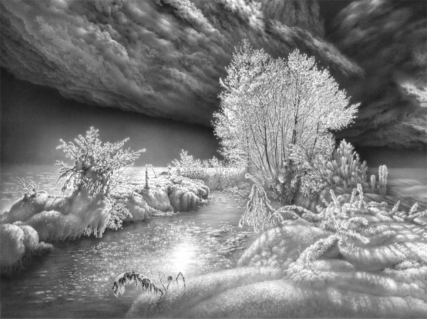 Зимний пейзаж карандашом для детей легко