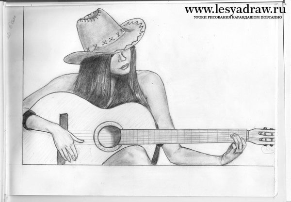 Девушка с гитарой карандашом