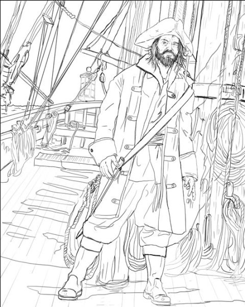 Раскраска Джека воробья из пиратов Карибского моря