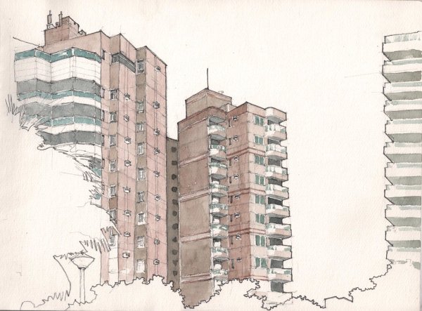 Рисуем акварелью многоэтажный дом