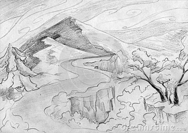 Рисование карандашом горы и река