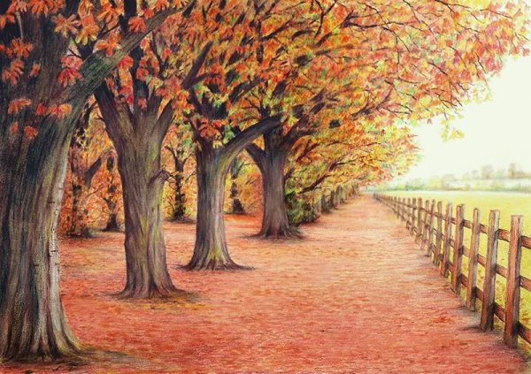 Осенний парк цветными карандашами