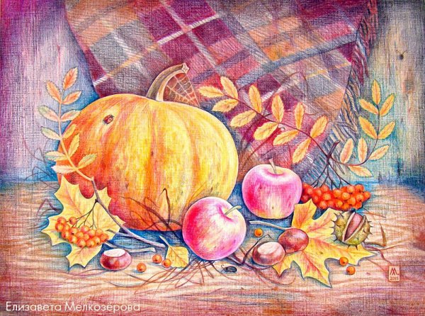 Пейзаж цветными карандашами