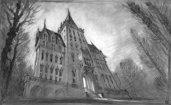 Готический замок карандашом