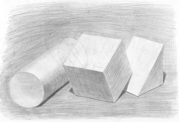 Натюрморт из геометрических форм (куб, конус, шар), Графика.