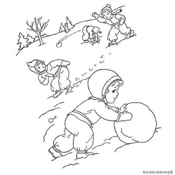 Раскраска дети зимой на прогулке