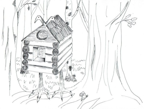 Поэтапное рисование избушки на курьих ножках для детей