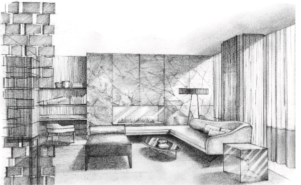 Угол комнаты с мебелью в карандаше