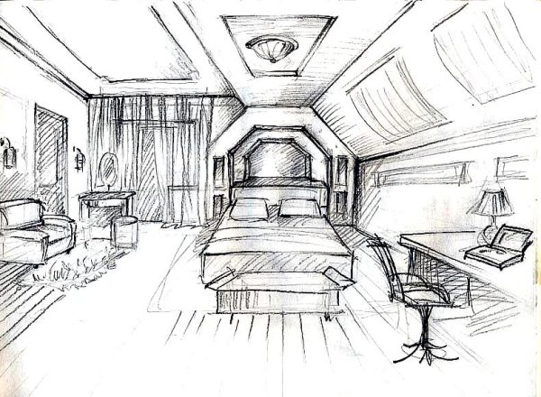 Рисунок комнаты карандашом
