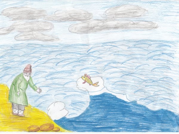 Рисунок о рыбаке и рыбке карандашом