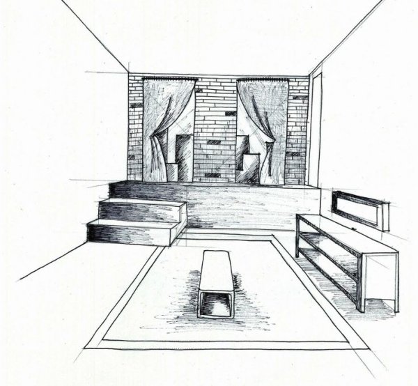 Линейная перспектива фронтальная скейч интерьер