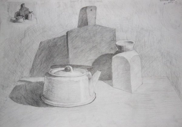 Натюрморт бытовых предметов в карандаше