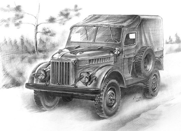 ГАЗ 69 чёрно-белый сбоку