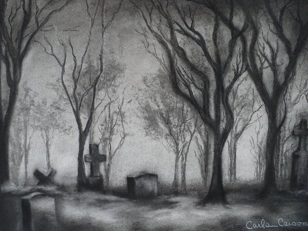 Пейзаж кладбища карандашом
