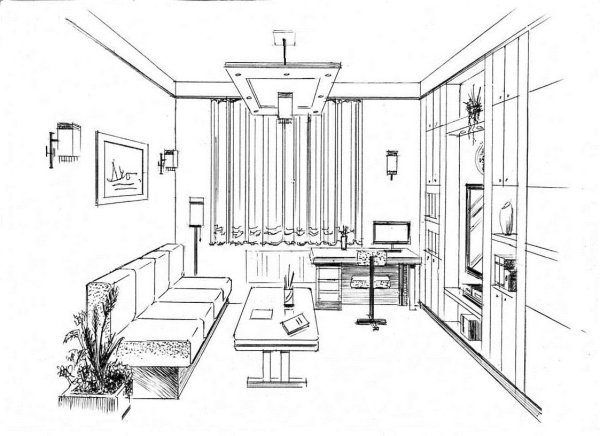 Фронтальная перспектива интерьера Наброски