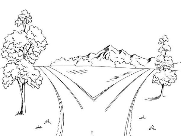 Раскраска пейзаж с дорогой